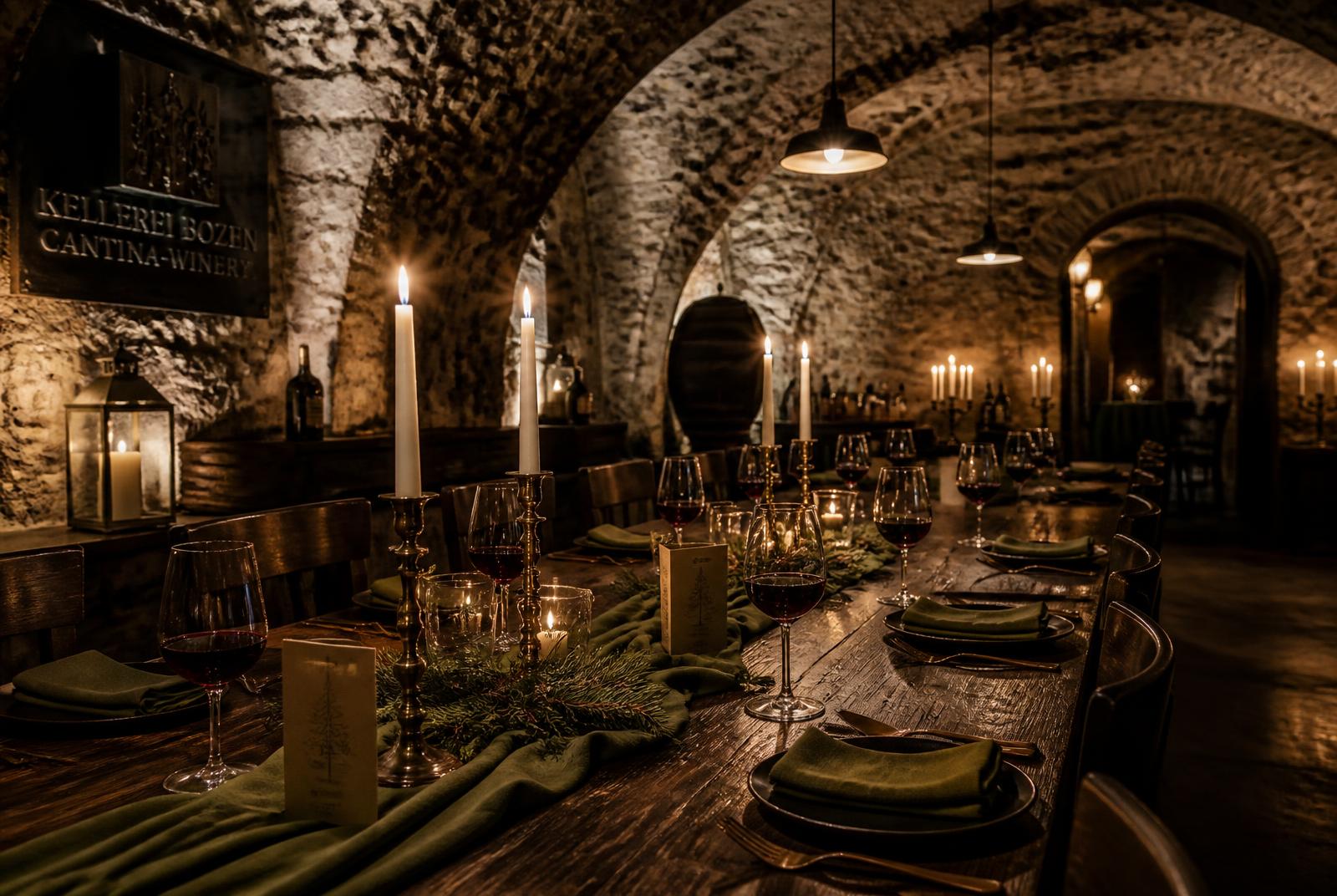 Lange Tafel im Gewölbekeller mit Kerzenlicht, Weingläsern und olivgrünen Servietten