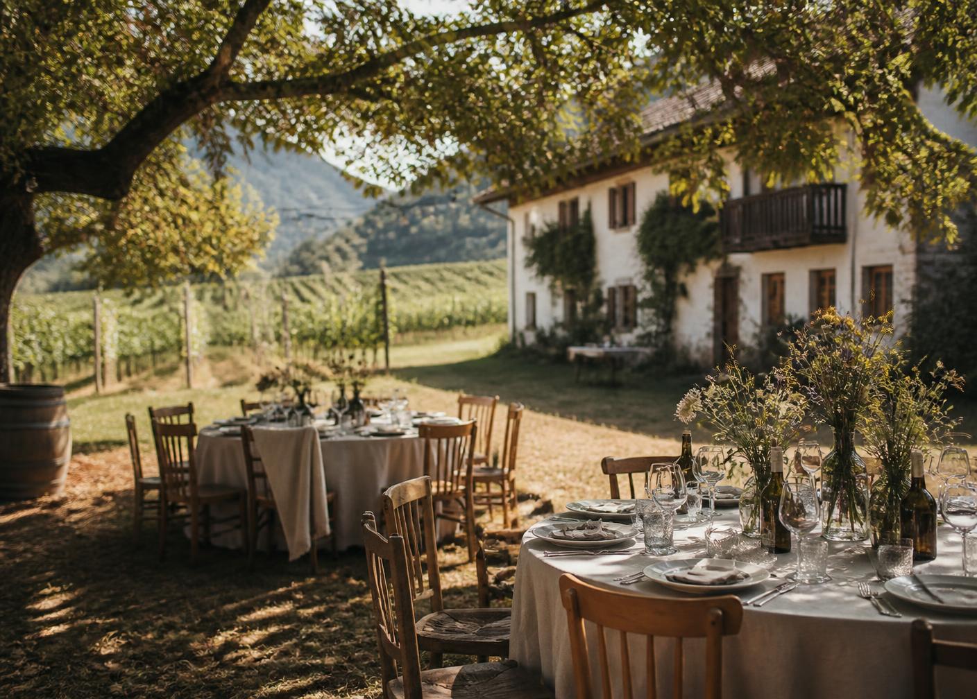 Familienfeier im Garten zwischen Weinreben