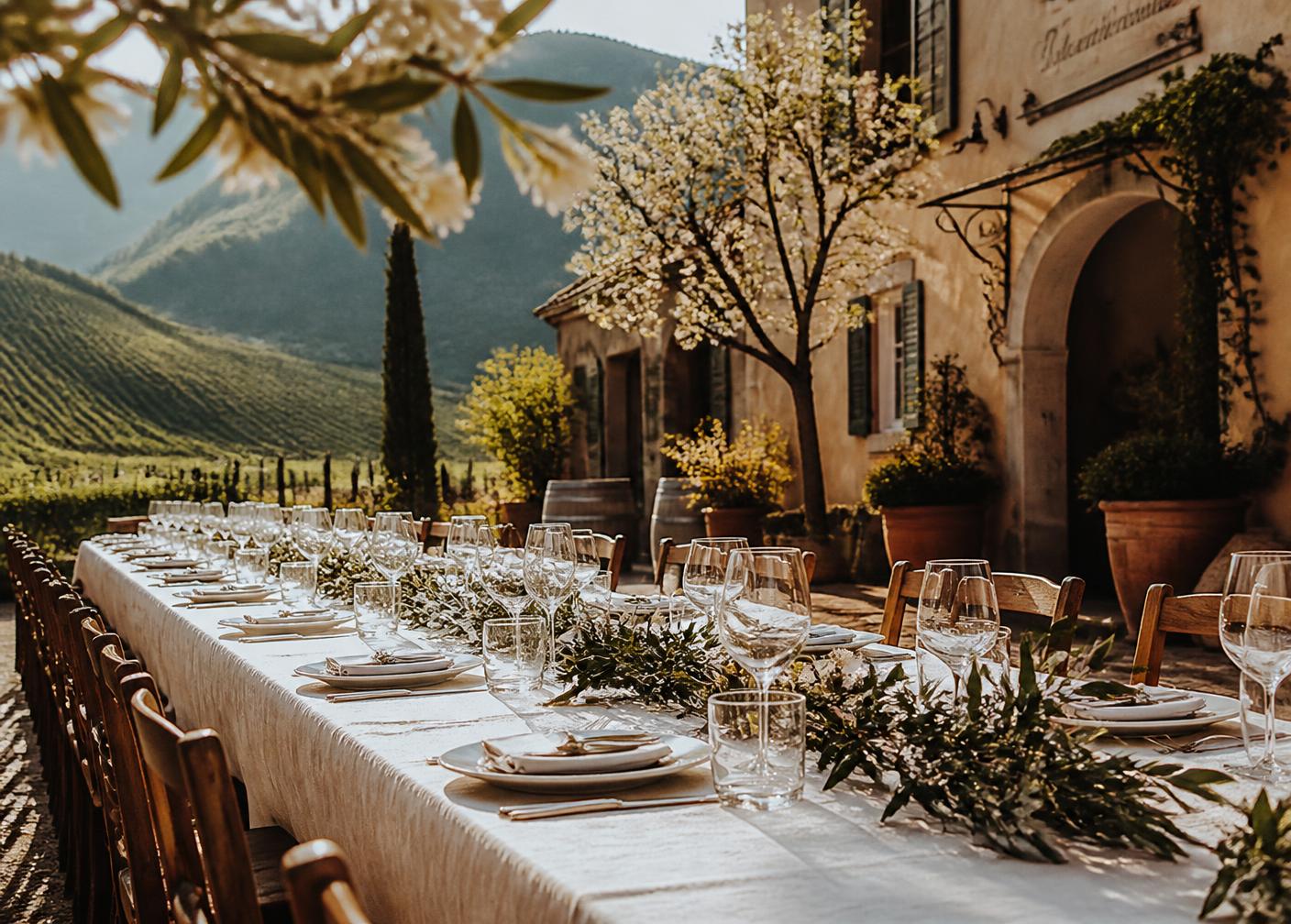 Lange gedeckte Festtafel im Hof zwischen blühenden Bäumen und Weinbergen im Frühling