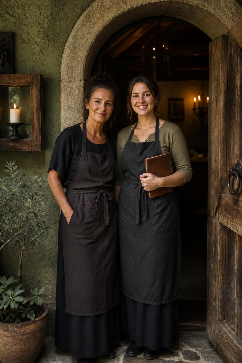 Alexandra und Maya, Gastgeberinnen des Pinzonerkellers, im Eingang des Dorfposthauses